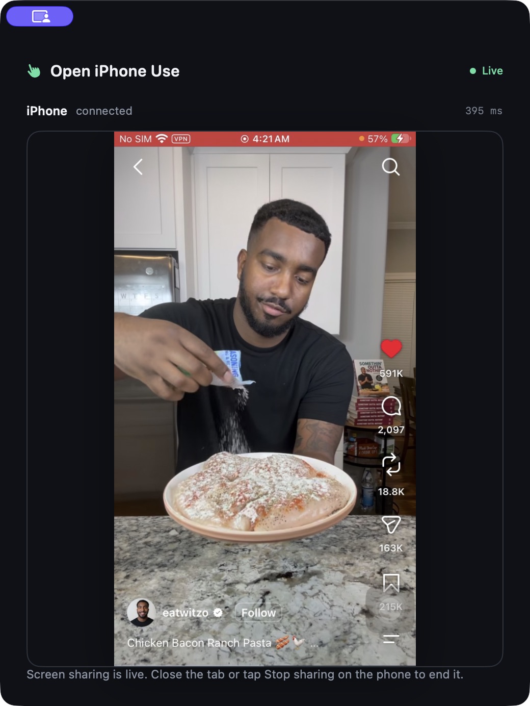 Open iPhone Use Mac app showing a live iPhone screen with a cooking video and its controls